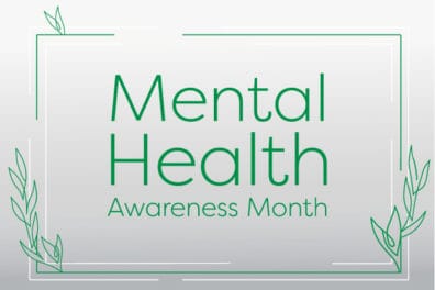 Picture with green accents that says Mental Health Awareness Month